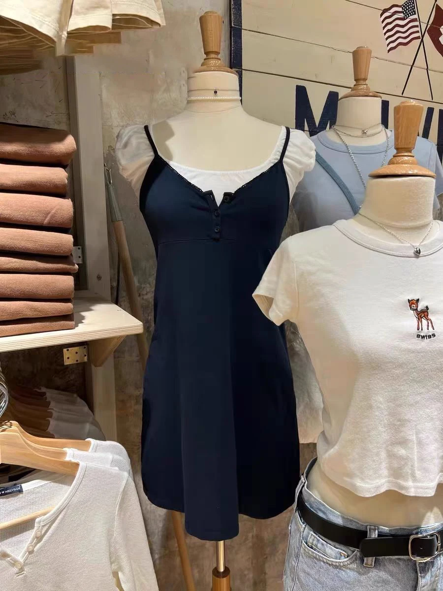 Drei Knöpfe Mini kleid für Frau Sommer träger lose A-Linie kurze Vestidos lässig solide einfache weiche Baumwolle süße Tank Kleider