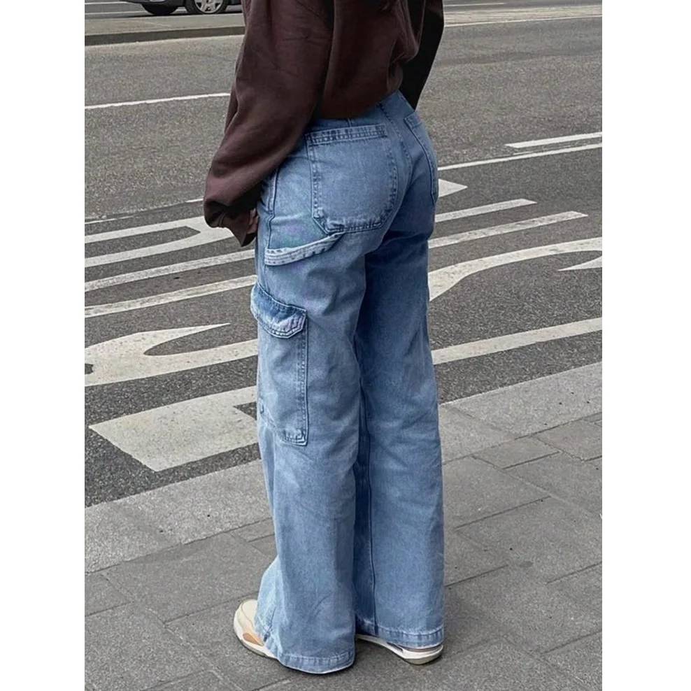 2025 Summer Women Jeans with Pockets Trendy Vintage Daily Wear Pants Party Tassel Full Length OL 90s High Quality Retro Blue