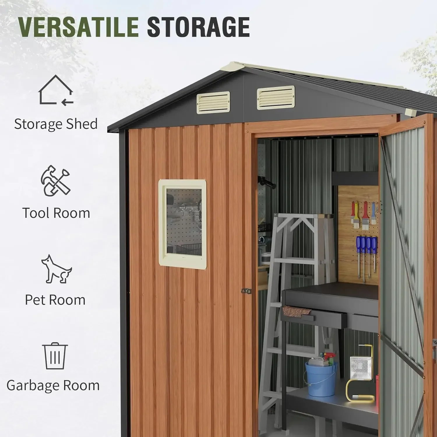 6x4 Ft, Lockable Metal Garden Shed with Window, Tool Shed Tiny House Vertical Outside Storage Building for Backyard, Lawn, Patio