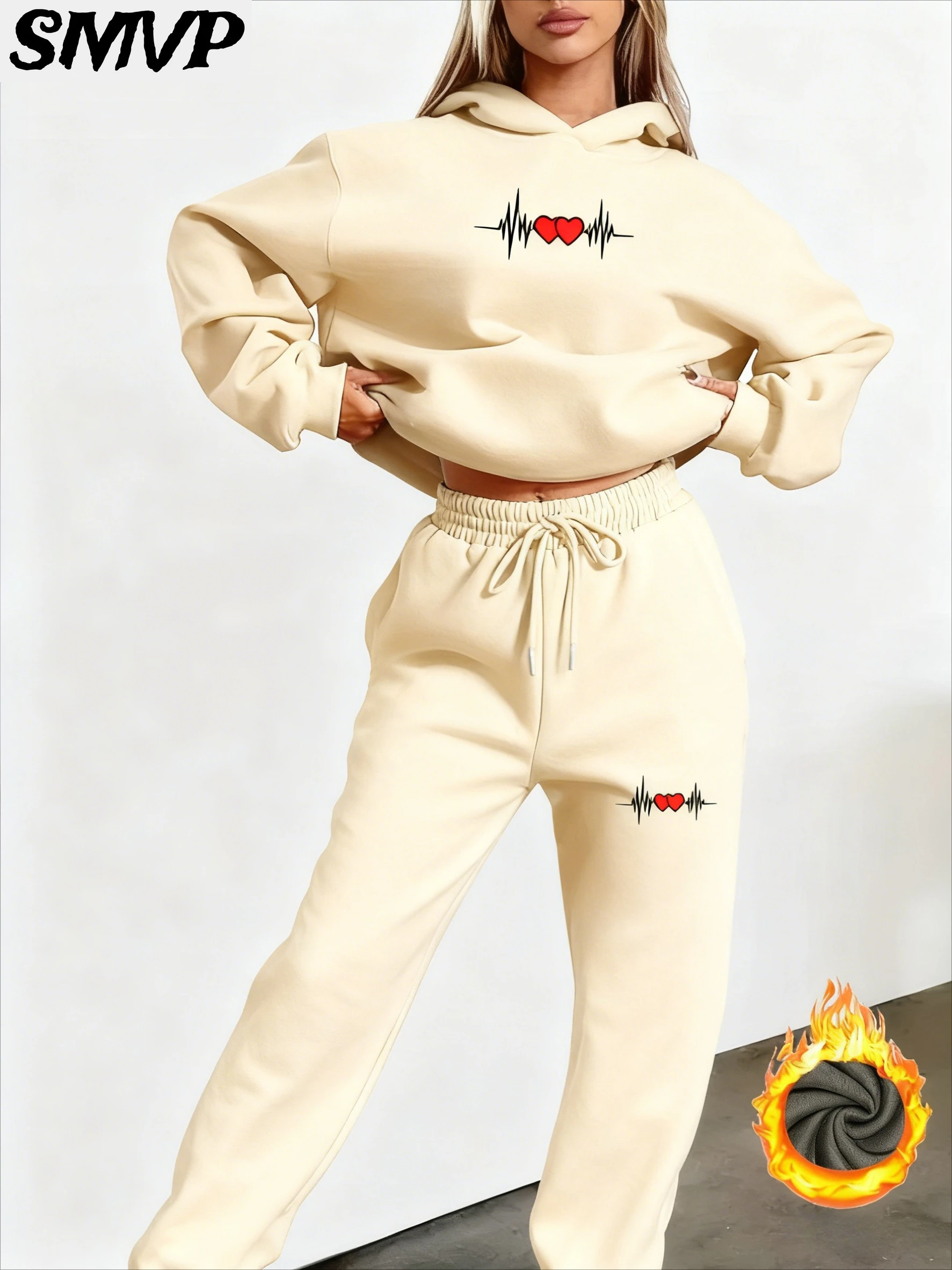 

SMVP Family Cotton Hoodie Set Beige Heartbeat Line and Red Hearts Print Two Piece Outfit Parent Child Matching Loungewear