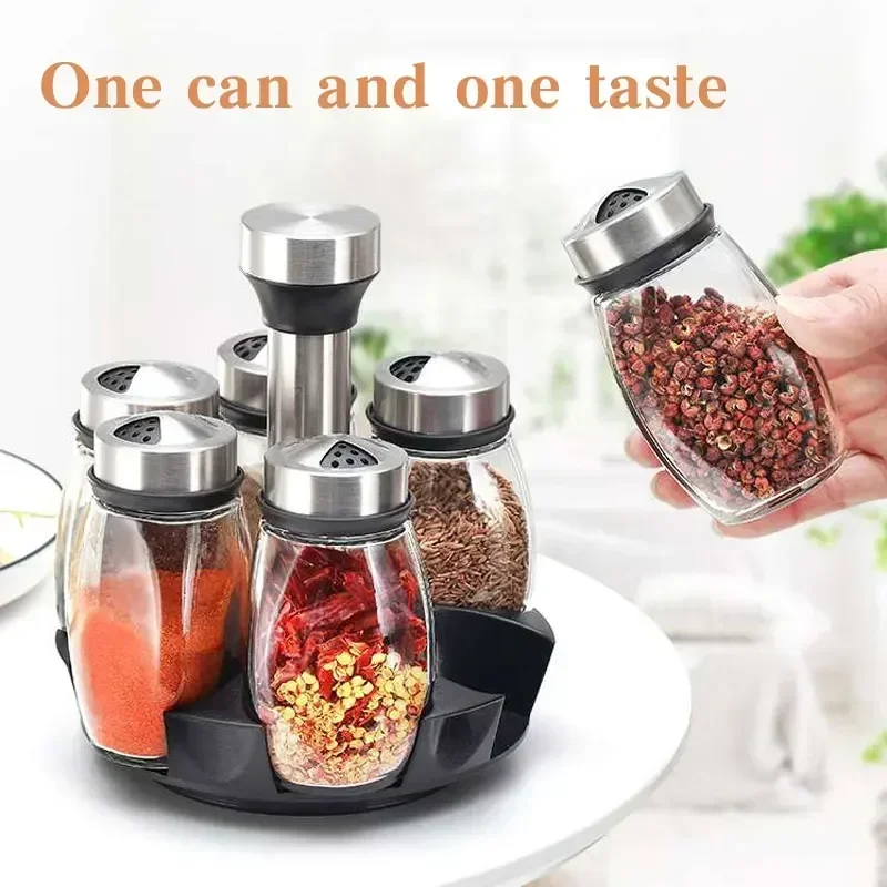 6 in 1 Glass Spice Jar Set Rack Rotating Glass Seasoning Sugar Pepper Bottles Organizer Salt Shakers Holder Kitchen Storage Rack