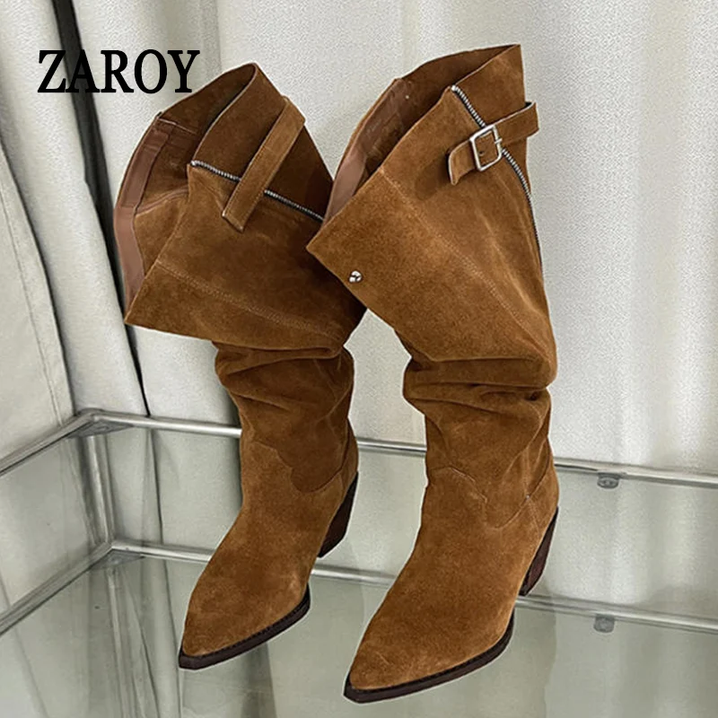 ZAROY Retro Knight Long Boots Winter Punk Belt Buckle Back Zipper Suede Tall Boots Sexy Pointed Toe Chunck Heel Riding Booties