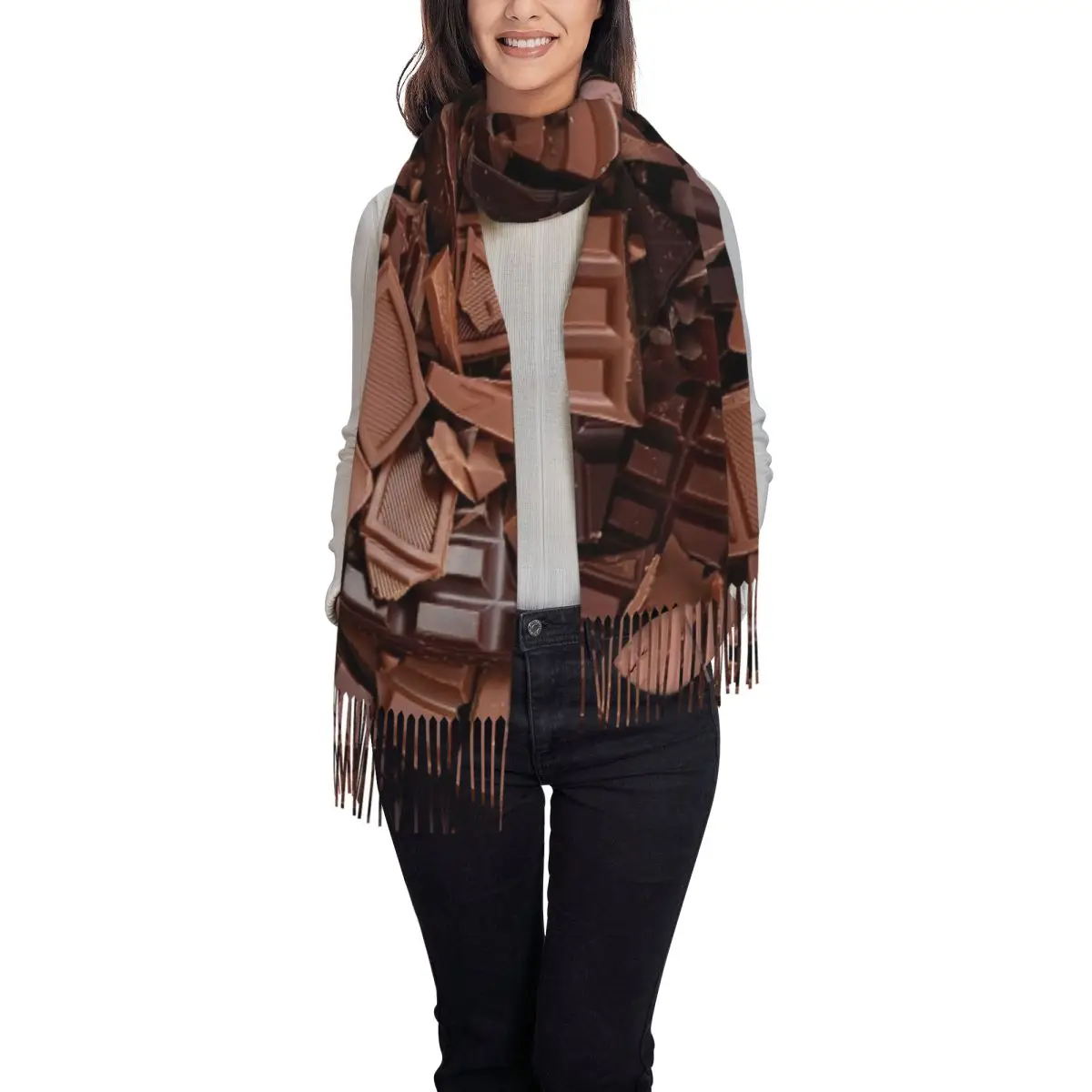 وشاح للسيدات يحافظ على الدفء أوشحة رأس حلوى الشوكولاتة الحلوة مع شالات غير رسمية بشرابة لف مصمم الشتاء Bufanda Mujer