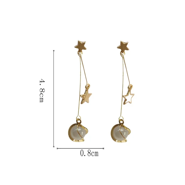 Geometry Round Bead Long Tassel Earrings Cat Eye Stone Clip Earrings for Women Gold Color Star Simple Clip Earring No Ears Hole