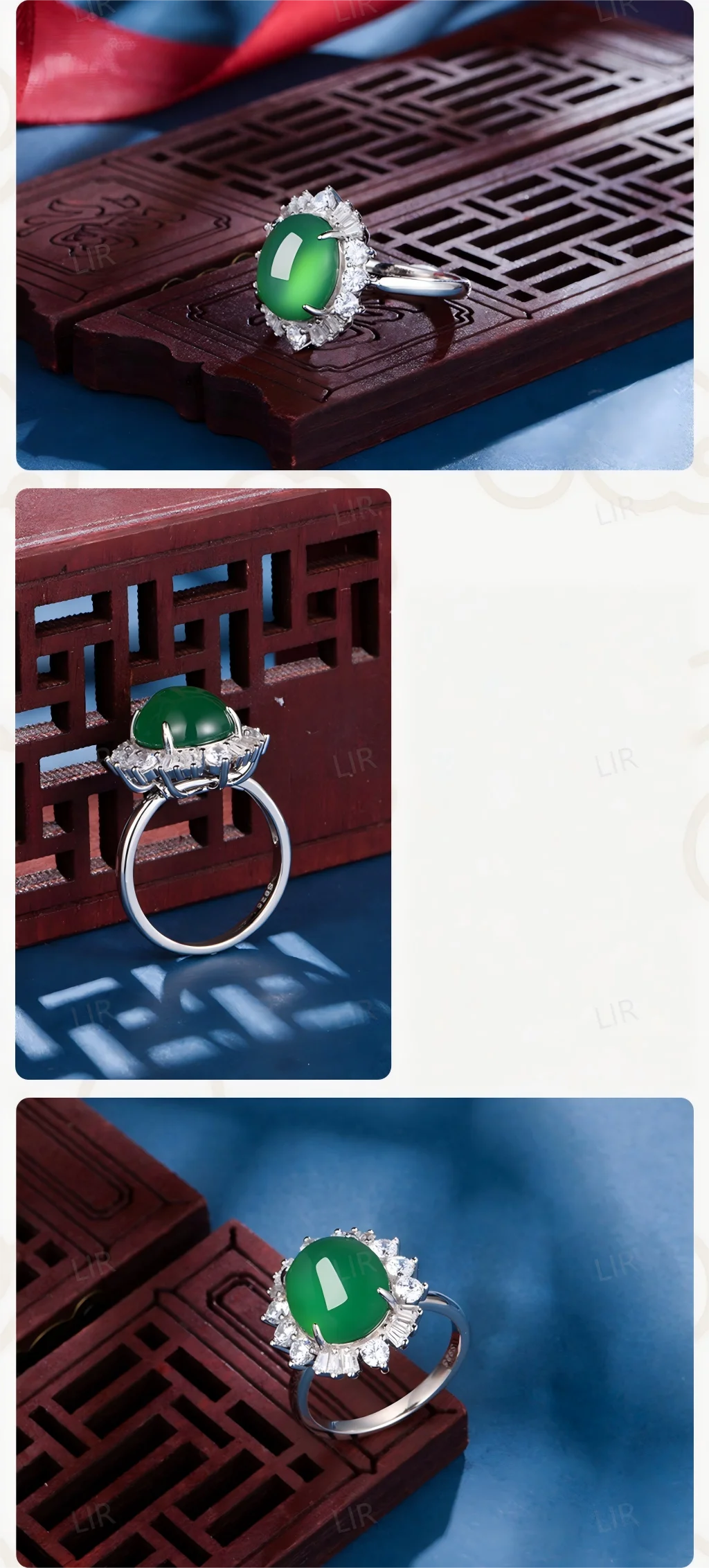خاتم LIR المفتوح للسيدات: العقيق الأخضر الطبيعي الكبير "الكوكب اللامع" |   تتضمن شهادة اليشم