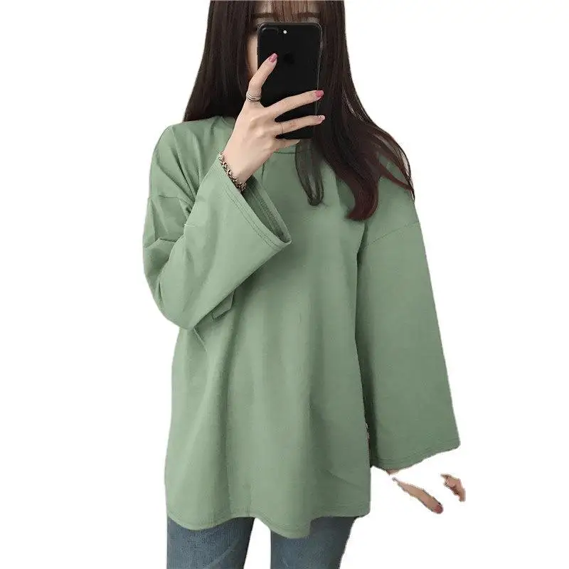 Women's Version of The New Solid Color Round Neck Long-sleeved T-shirt Female Loose Versatile Bottoming Shirt Tops