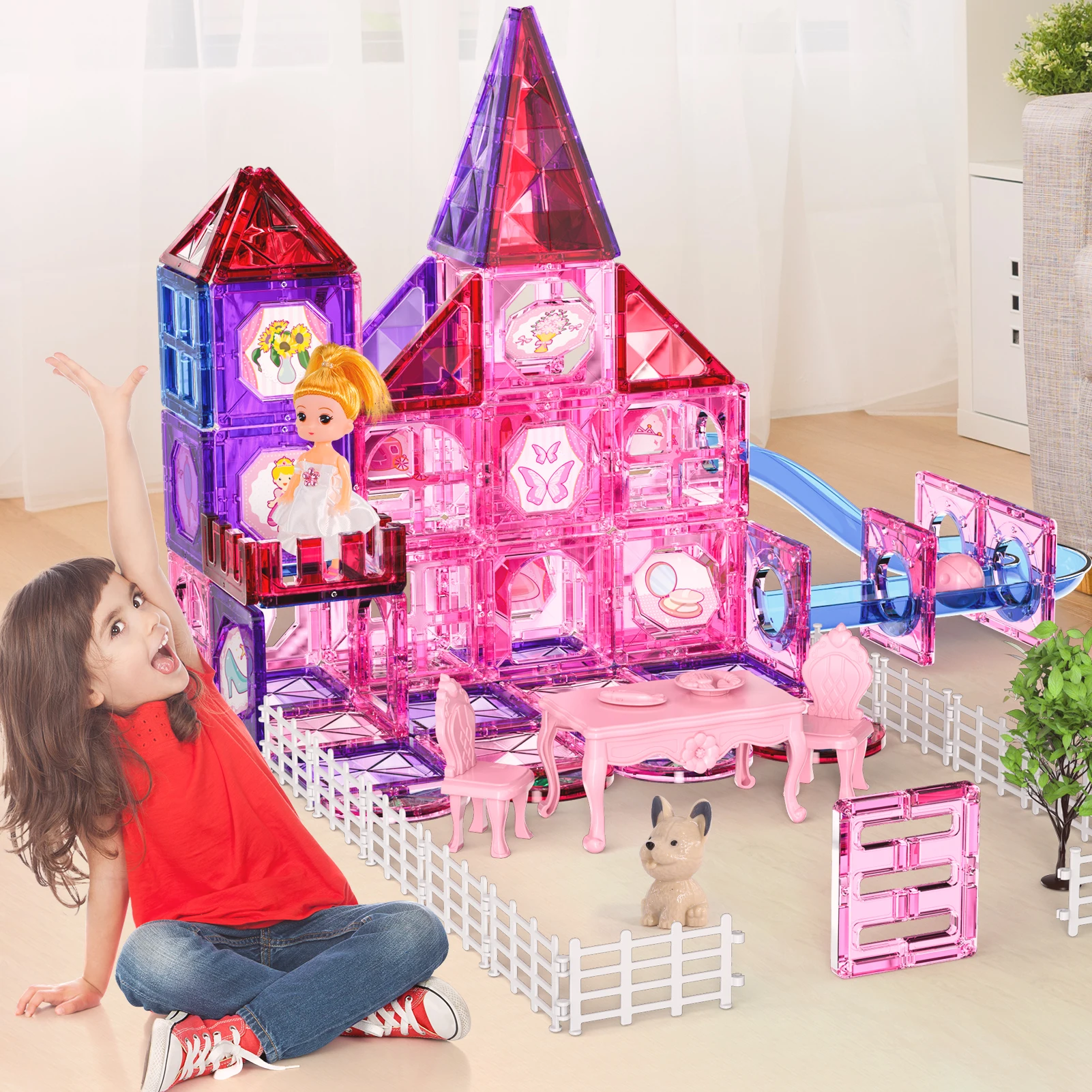 Magnetic Building Tiles Toys for 3 4 5 6 Year Old Girls, Building Educational Stem Toys & Gift for Girls Kids Ages 1-3 3-5