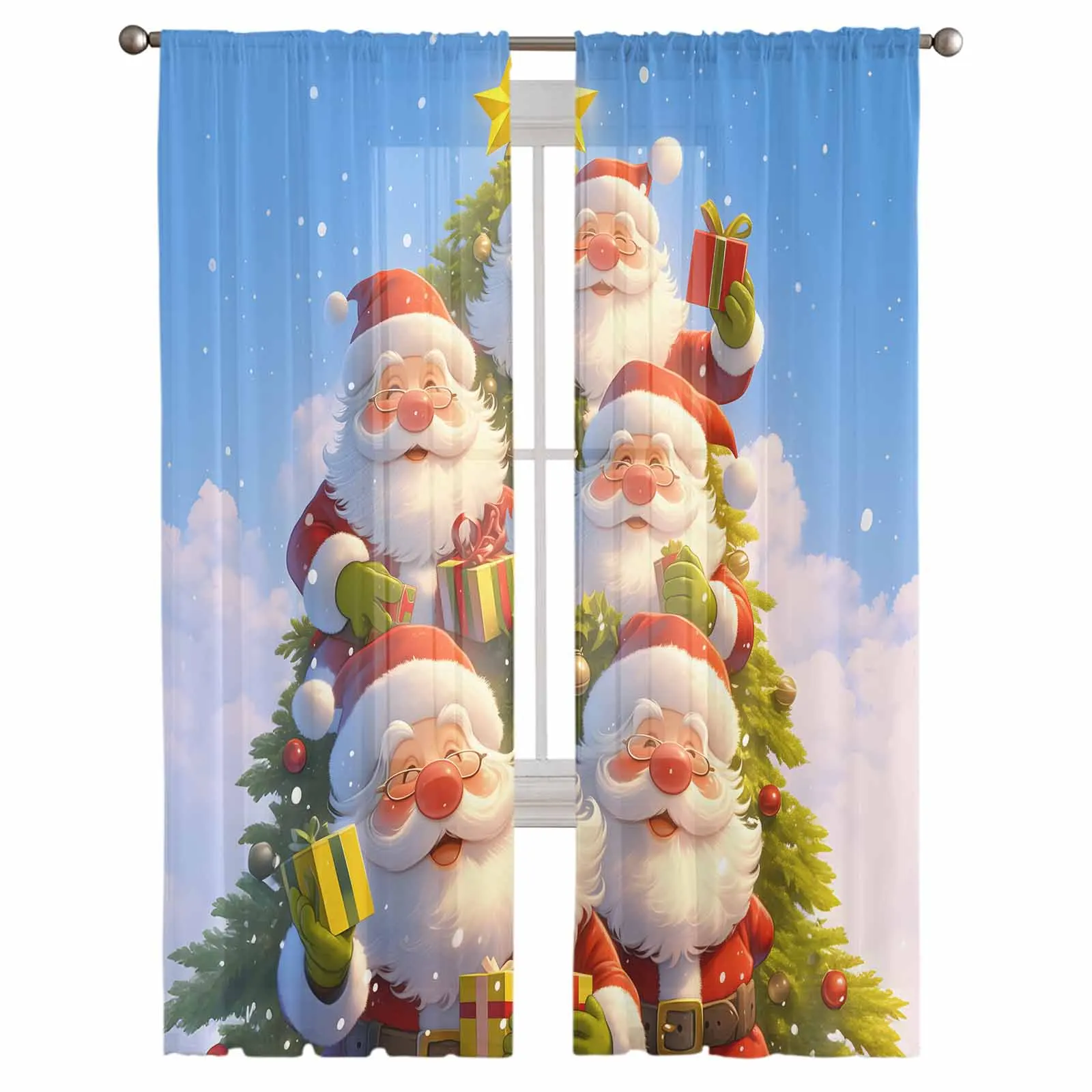 Santa Claus Christmas Tree Snowflakes Window Treatment Tulle Modern Sheer Curtains for Kitchen Living Room Curtains Decor