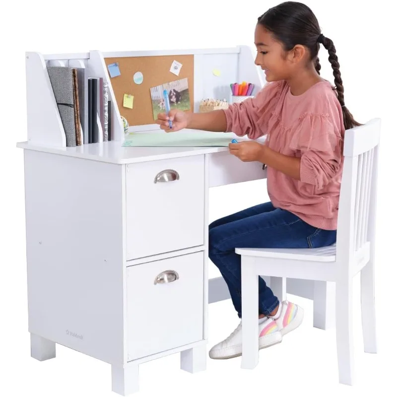 Wooden Study Desk for Children with Chair, Bulletin Board and Cabinets, White