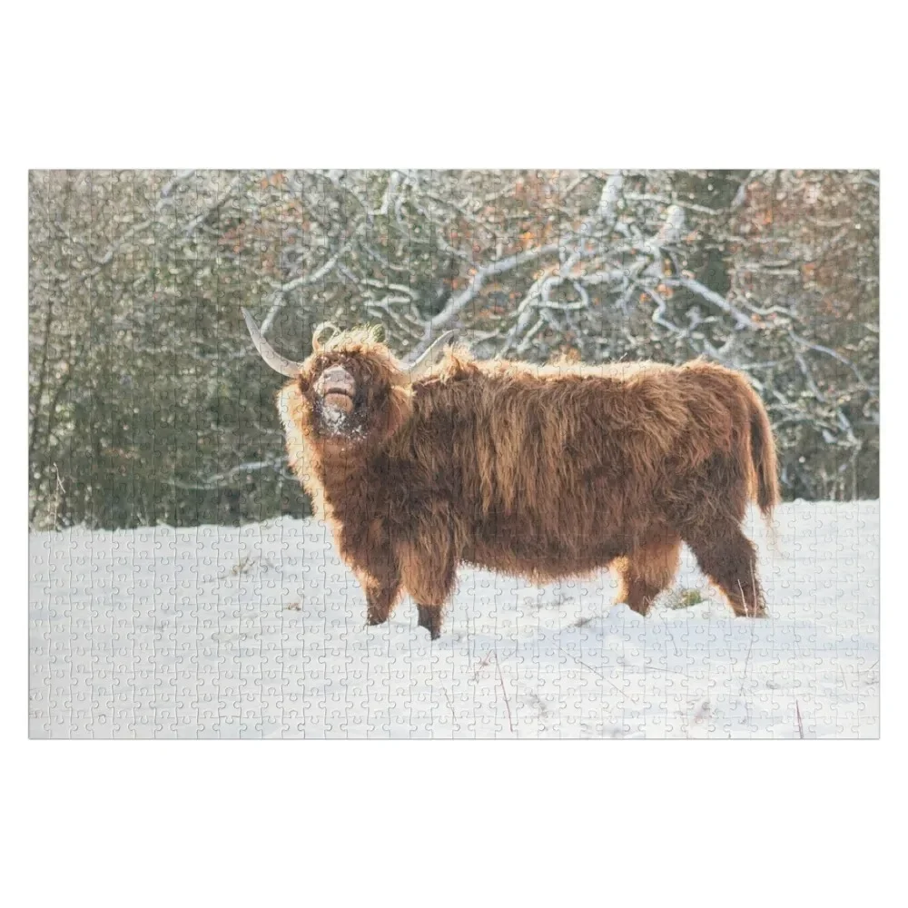 Funny Highland cow in the snow Jigsaw Puzzle Personalised Christmas Toys Photo Custom Wooden Gift Puzzle