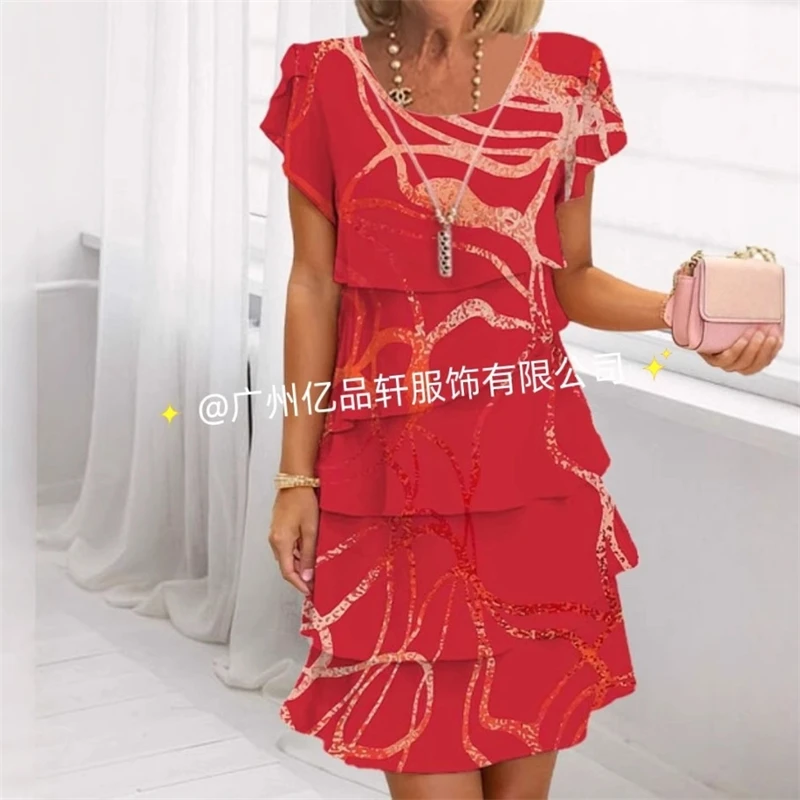 2025 primavera chique floral impressão chiffon vestido mulher elegante tripulação pescoço em camadas vestido plissado verão manga curta a linha vestido de festa