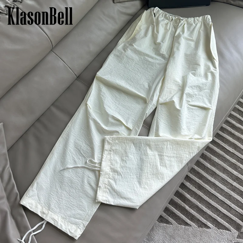 

7.6 KlasonBell Letter Embroidery Fashion Hot Girl Ruched Cargo Trousers Drawstring Waist Loose Hem Lace-up Casual Pants Women