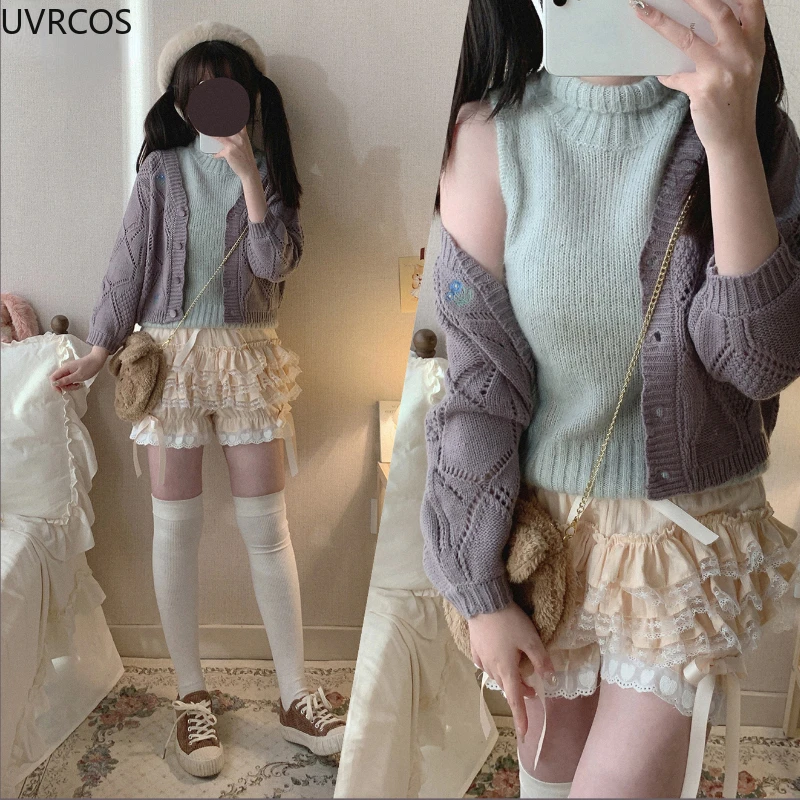 Sweet Lolita Shorts Women Kawaii Ruffles Lace Cotton Bottoming Jk Bloomers Elastic Waist Chic Underpants Maid Safety Short Pants