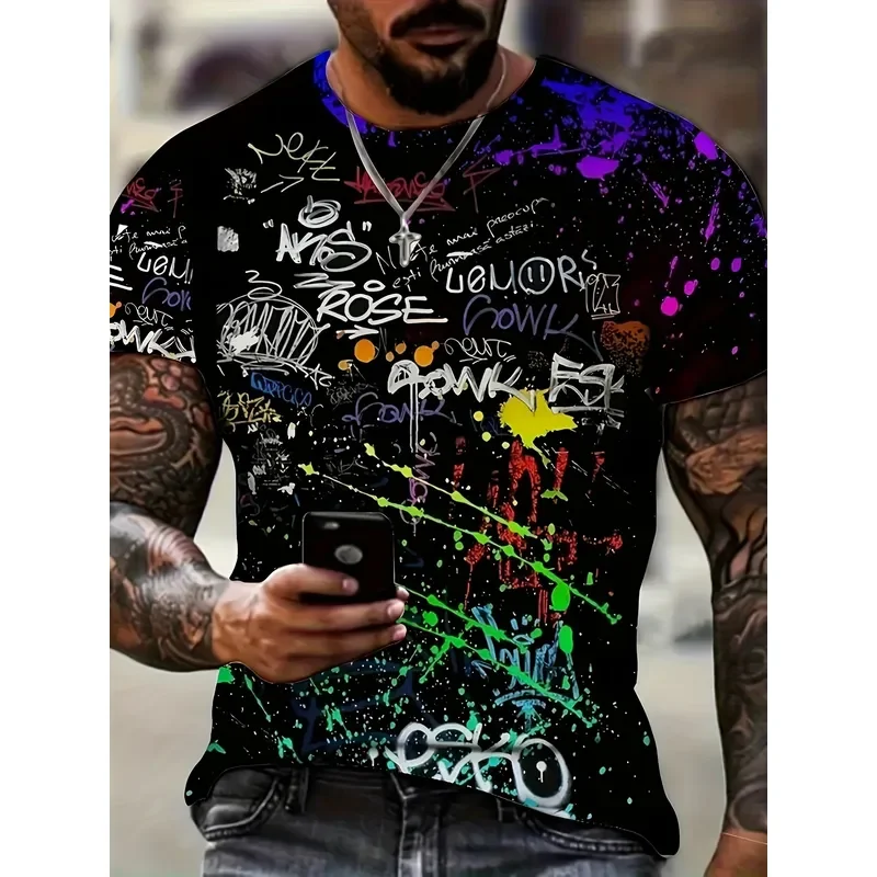 Men's 3D Graffiti Print T-Shirt Bright Street Art Design Casual Short Sleeve Summer Tee Black Polyester Fabric Machine