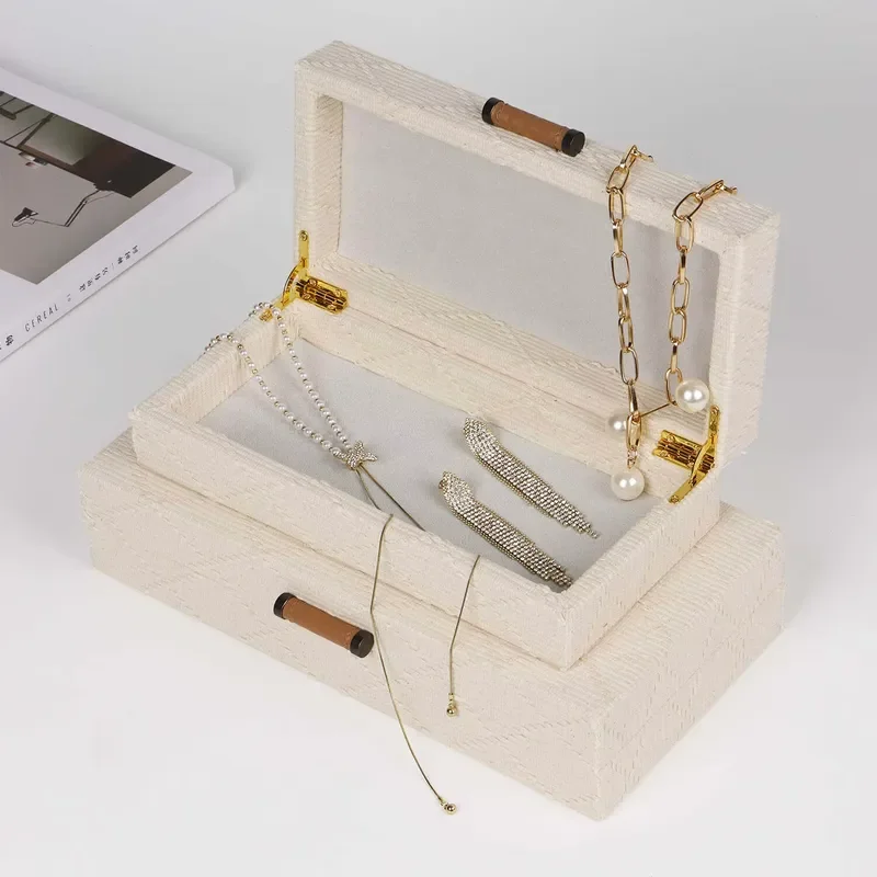 Premium Rectangle Fabric Woven Table Jewelry Storage Box with Storage Jars and Decorations