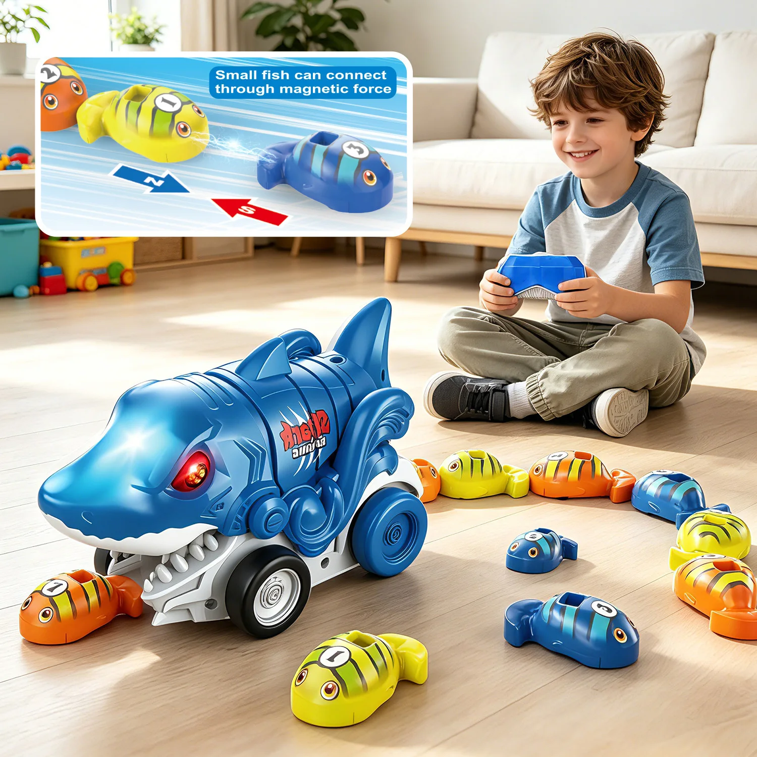 Remote Control Shark Car Magnetic Catch Fish RC Toy LED Light USB Rechargeable Fishing Game Gift For Kids 3+