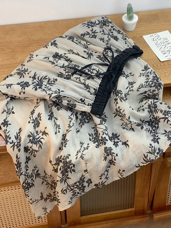 

Ретро-юбка миди из хлопка и льна с принтом, с завышенной талией, свободного кроя, для женщин больших размеров, летняя, новая, повседневная, А-силуэт