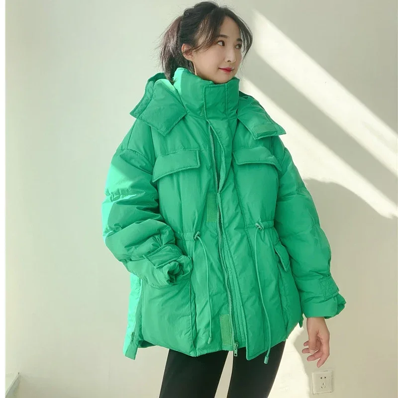 New Winter Hooded Parkas Warm Jacket Women\'s Down Cotton Coat Irregular Fluffy Bubble Drawstring Waist Loose Coat Cotton Coat