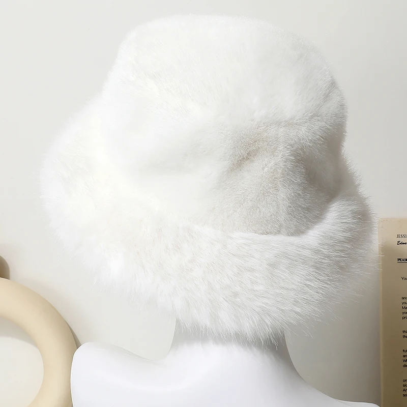 Große Faux Pelz Eimer Hut für Frauen Dicke Plüsch Warme Schöne Flauschigen Winter Hut Dame Luxus Mode Pelzigen Panama Fischer Kappe – Detail 7