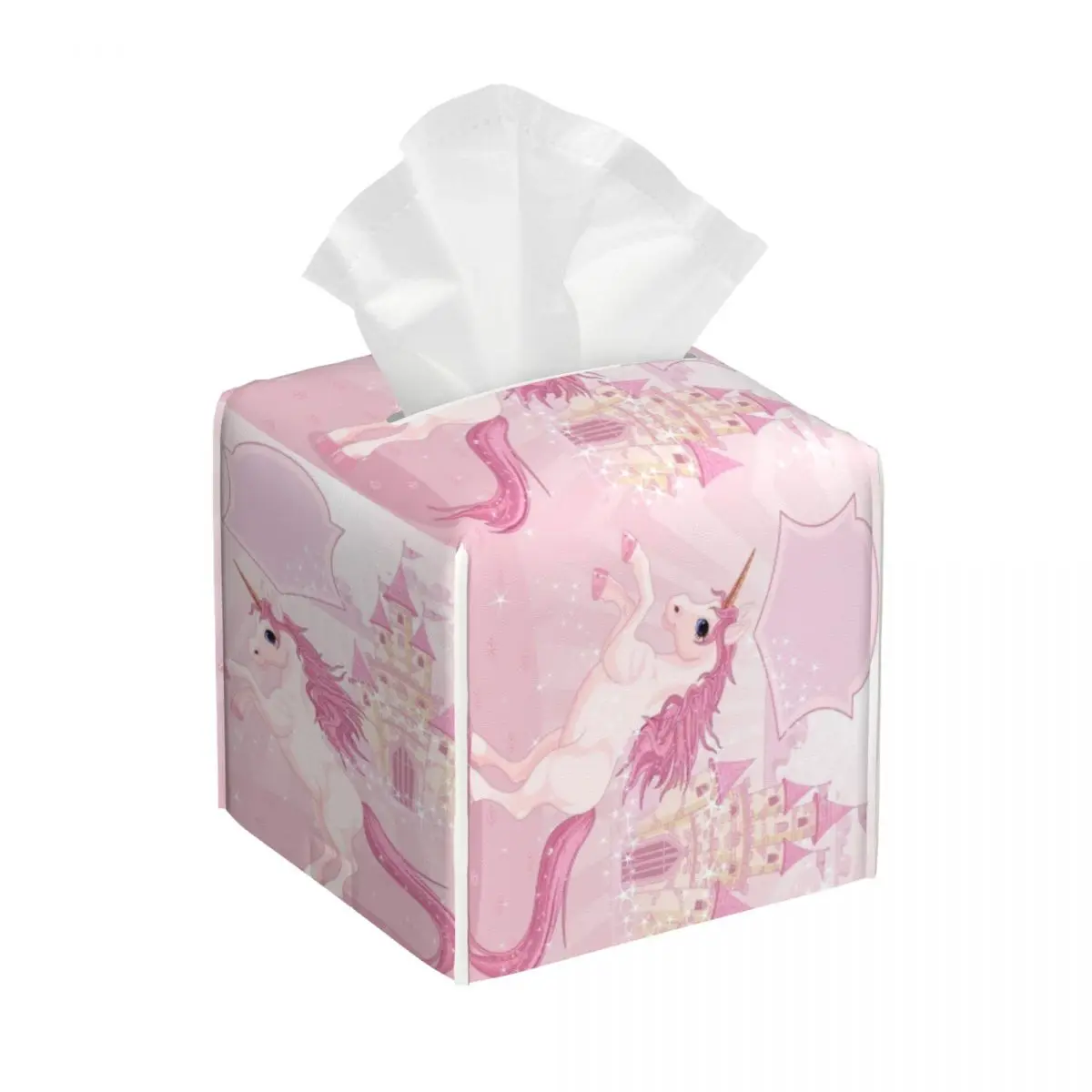 Custom Unicorn And Fairy Tale Castle Tissue Box Cover PU Leather Square Facial Tissue Box Holder for Bathroom Car