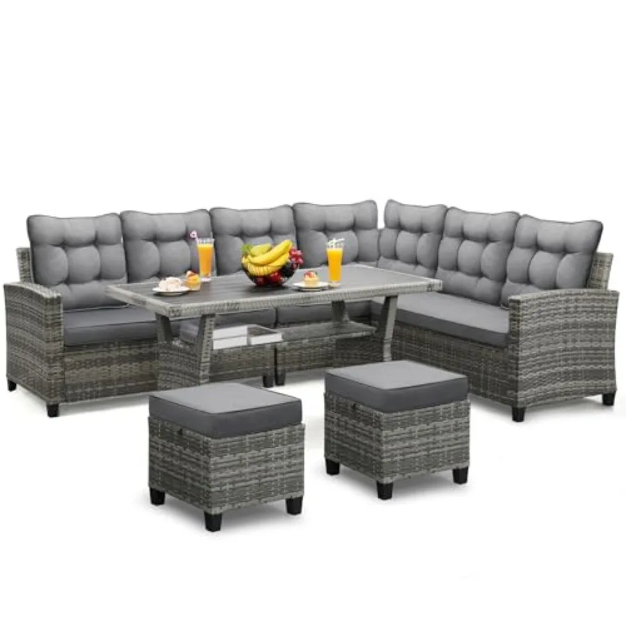 Patio dining and conversation set: UV-treated wicker, grey cushions, rustproof frame, machine washable, seats 7, includes 2 ott