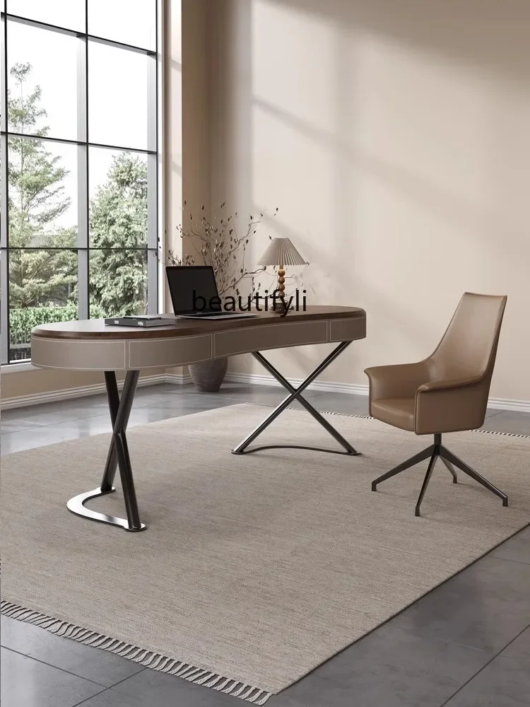 Home Retro Style Solid Wood Living Room Study Desk Minimalist Desk Saddle Leather Computer Desk G1218