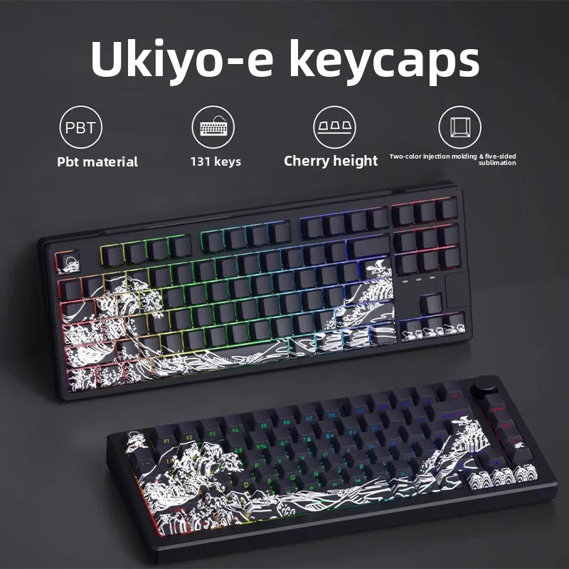 Ukiyo-e PBT Side-Engraved Translucent Keycaps, Compatible with 87/98/108-Key Keyboards, Five-Side Dye-Sublimation