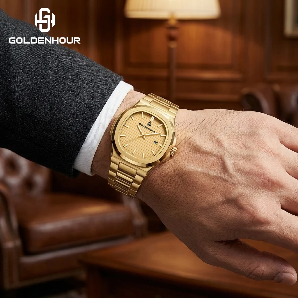 GOLDEN HOUR Brand Luxury Business Men Watches Gold Stainless Steel Waterproof Quartz Watch Luminous Date Men's Fashion Wristwatc