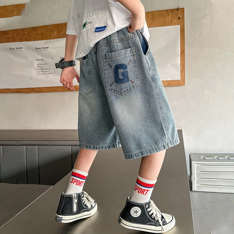 New Summer Shorts Denim Short for Kid Boys Beach Short Children Casual Letter Print Jean Short Pant for 2- 12 Years
