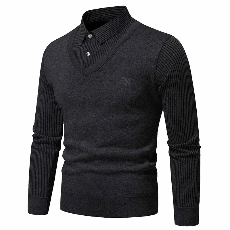 Autumn Winter Men Slim Fit Warm Elastic Sweater Outdoors Fashion Flip Collar Knitted Tops New Solid Fake Two Piece Pullover Men