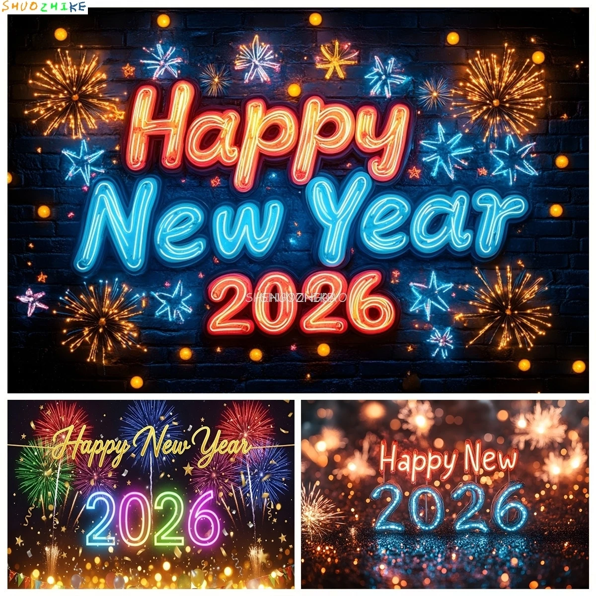 

Happy New Year 2026 Backgrounds for Photographs Black Brick wall Neon Christmas New year's eve Decoration Photography Backdrop