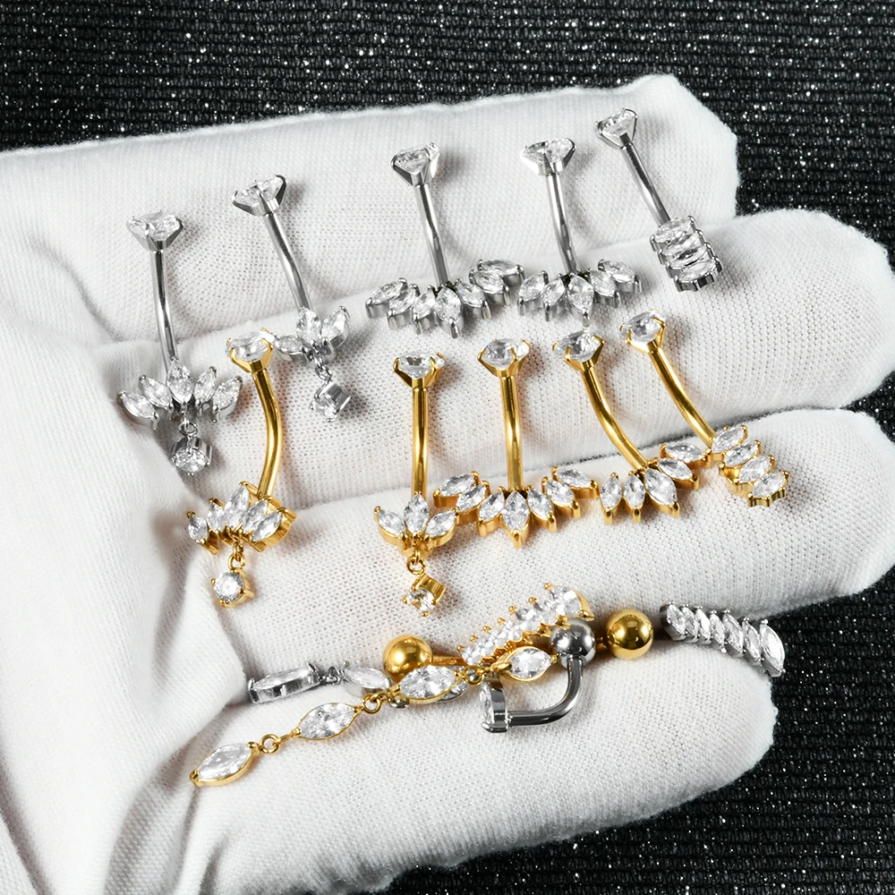 1PC Stainless Steel Dangle Marquise Zircon Belly Button Ring Internally Threaded Navel Piercing Ring Body Piercing Jewelry 14G