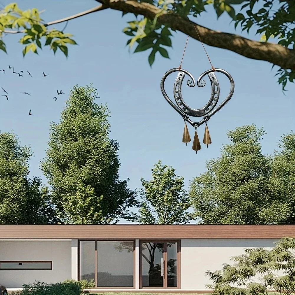 1pc Steel Lucky Love Wind Chime - Horseshoe Retro Design with Metal Heart and Nails - Perfect Valentine's Day Garden Hanging Orn