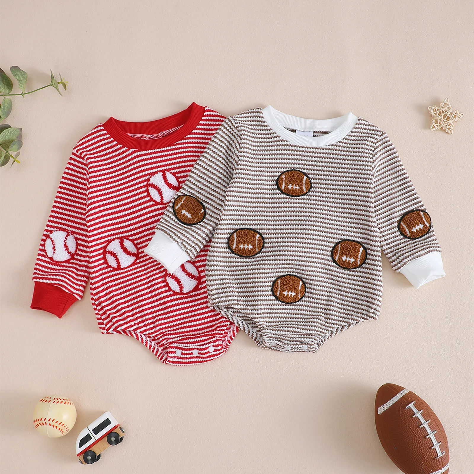 Baby Jungen Frühling Herbst Gestreifter Rundhals-Langarm-Strampler Dreieck-Design Säuglingskleidung
