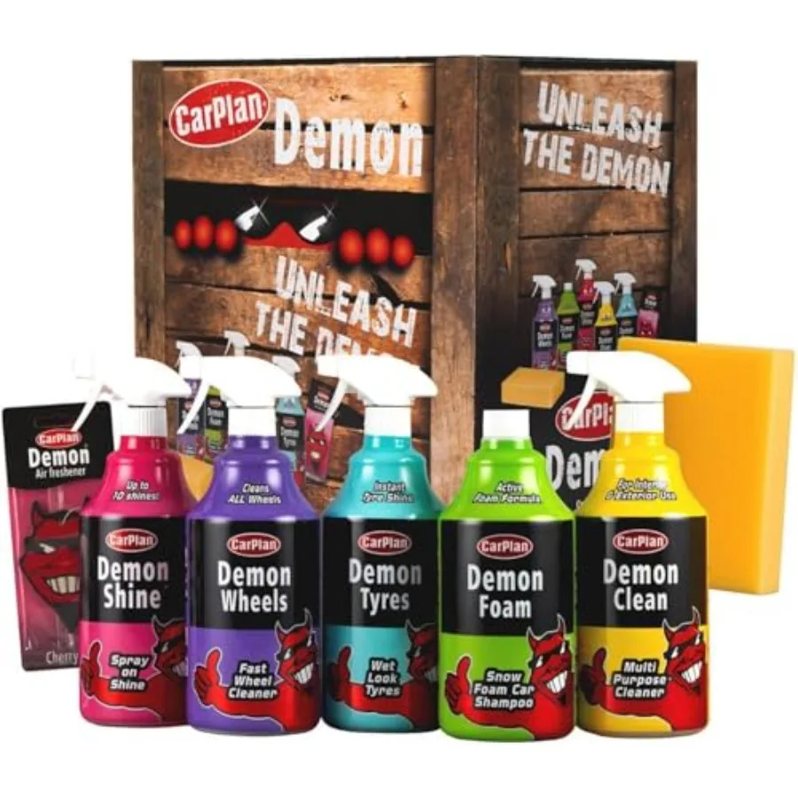 

CarPlan Demon Car Wash Kit - 7 Piece Set Includes Car Wash Soap Wheel Cleaner Tire Shine Interior Cleaner Demon Shine Air Fresh