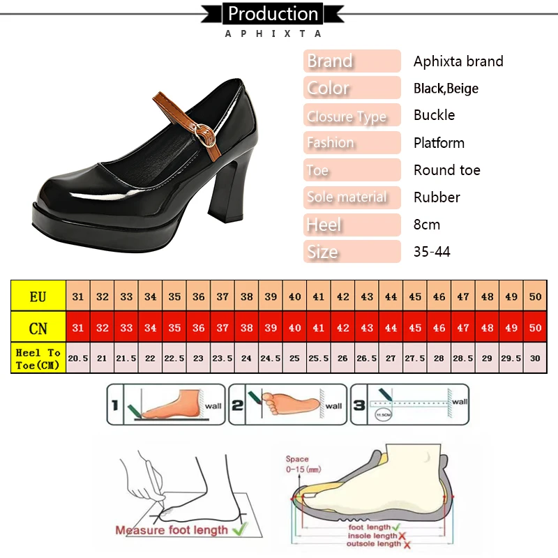 Aphixta Patent Leather 8cm Square Heels Mary Janes Buckle Straps Platform Women Shoes Elegant Pumps Size 44 tacones para mujer