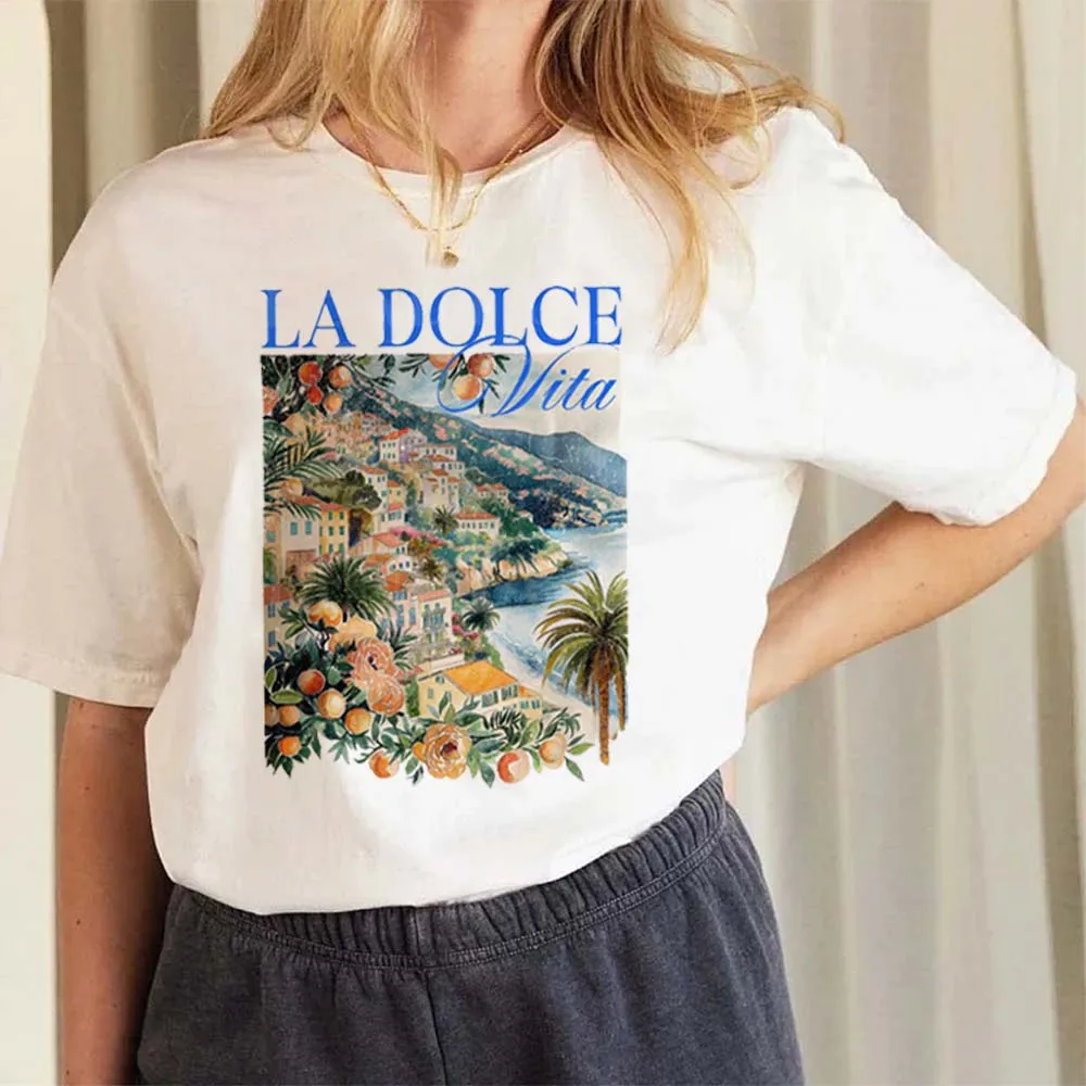 La Dolce Vita Fun Letter T-Shirt Printed Cartoon O-Neck Travel T-Shirt Basic Top Trendy Versatile Short Sleeve Summer T-Shirt.