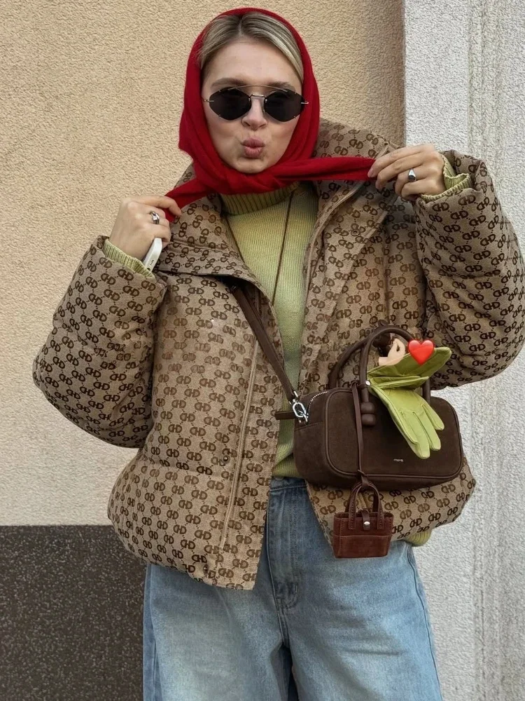  رسالة طباعة النساء معاطف الشتاء عادية سستة سترات خفيفة الوزن مبطن الستر تصميم خمر يندبروف ملابس خارجية جديدة 2025 #4