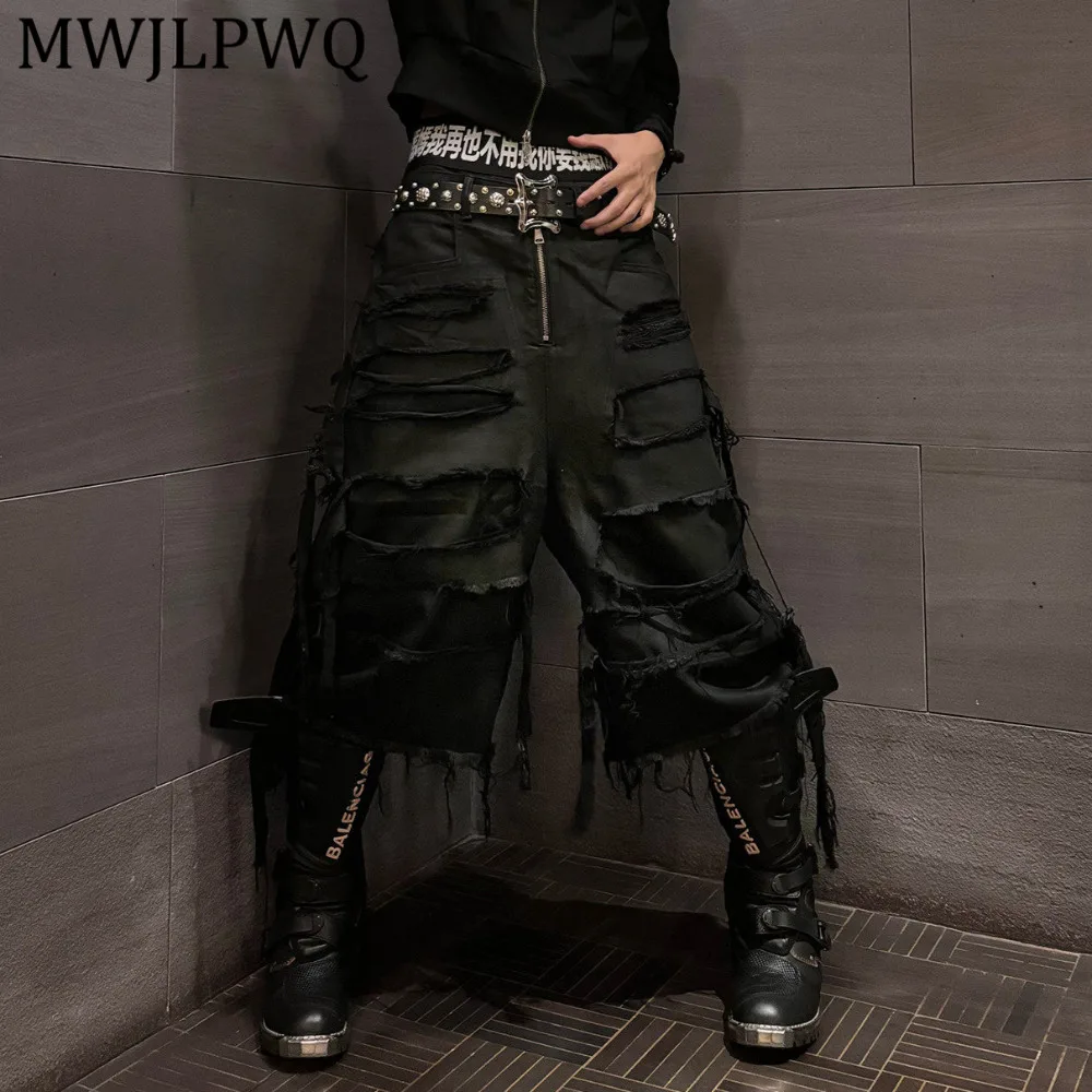 MWJLPWQ Heavy-Duty Washed Double-Layer Waxed Ripped Fringed Shorts Men's High Street Trendy Summer Loose Fit Casual Pants 15292