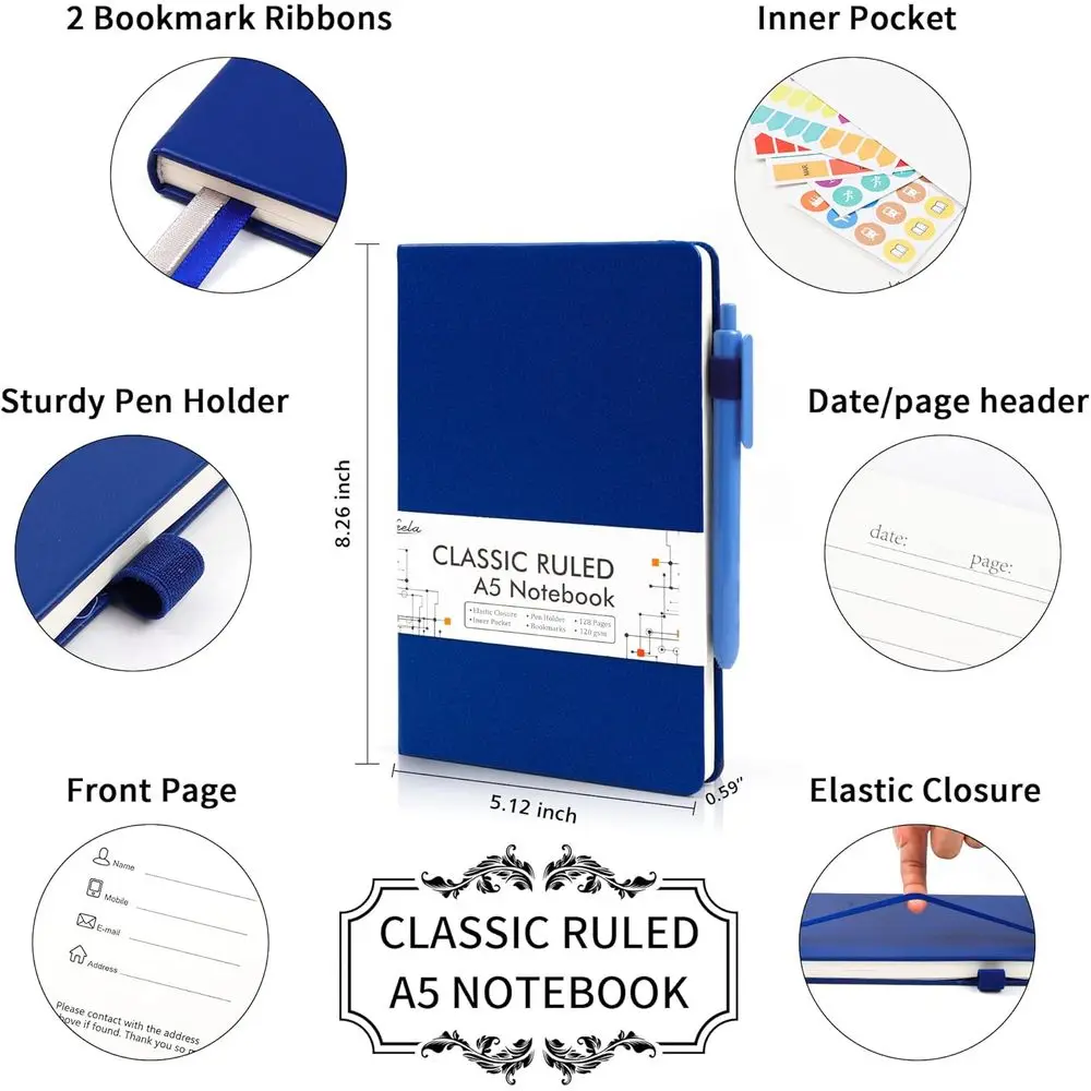 A5 Navy Hardcover Business Journals Set of 18 with Lined Paper and Pen Holder, 120 GSM, 5.1x8.3 inches, Includes 18 Black Pens