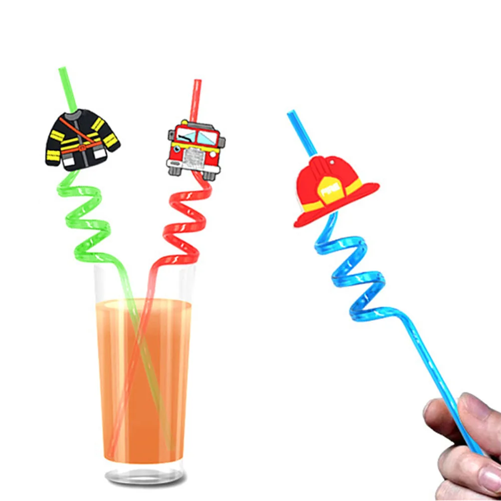 8pcs Reusable Fire Truck Plastic Straws Fire Fighter Drinking Straws Firetruck Fireman Birthday Party Supplies Kids Gift Favors