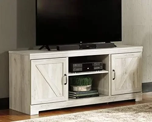 Bellaby 63 Inch Whitewash TV Stand With Fireplace Option, Farmhouse Engineered Wood Entertainment Center With Barn Door