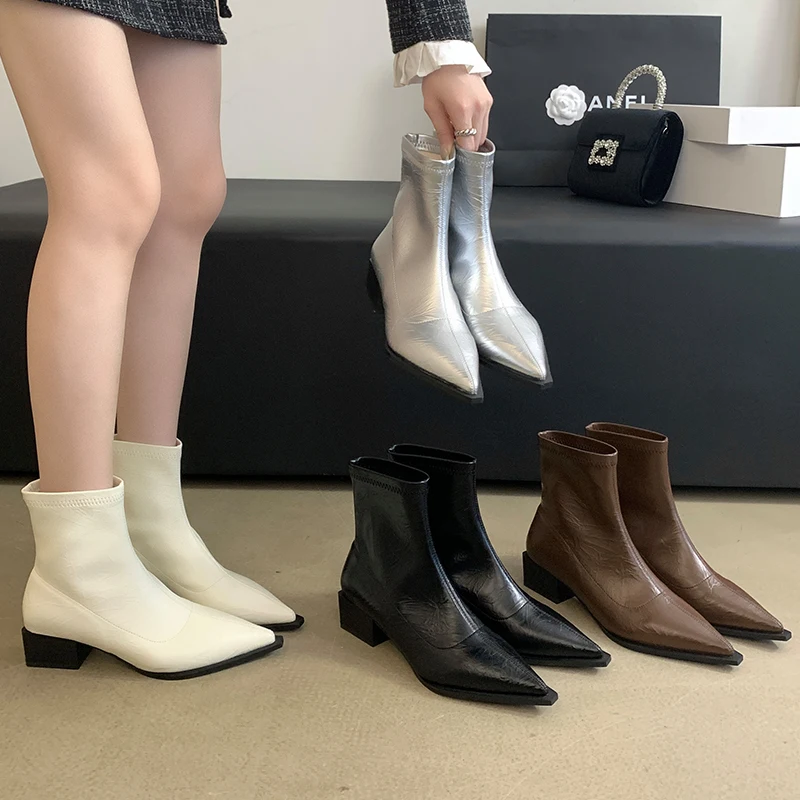 2024 Ladies Ankle Boots Shoes Middle Heels New Fashion Female Footwear Autumn Spring Pointed Toe Shoes Women Short Booties