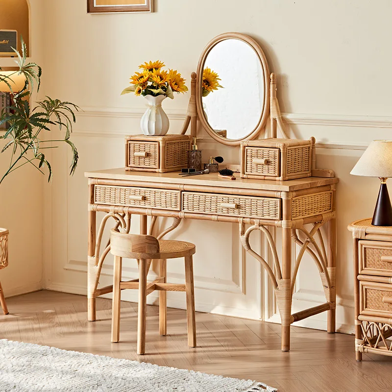 

Japanese-style plant rattan dresser chair designer bedroom small apartment makeup mirror integrated makeup table