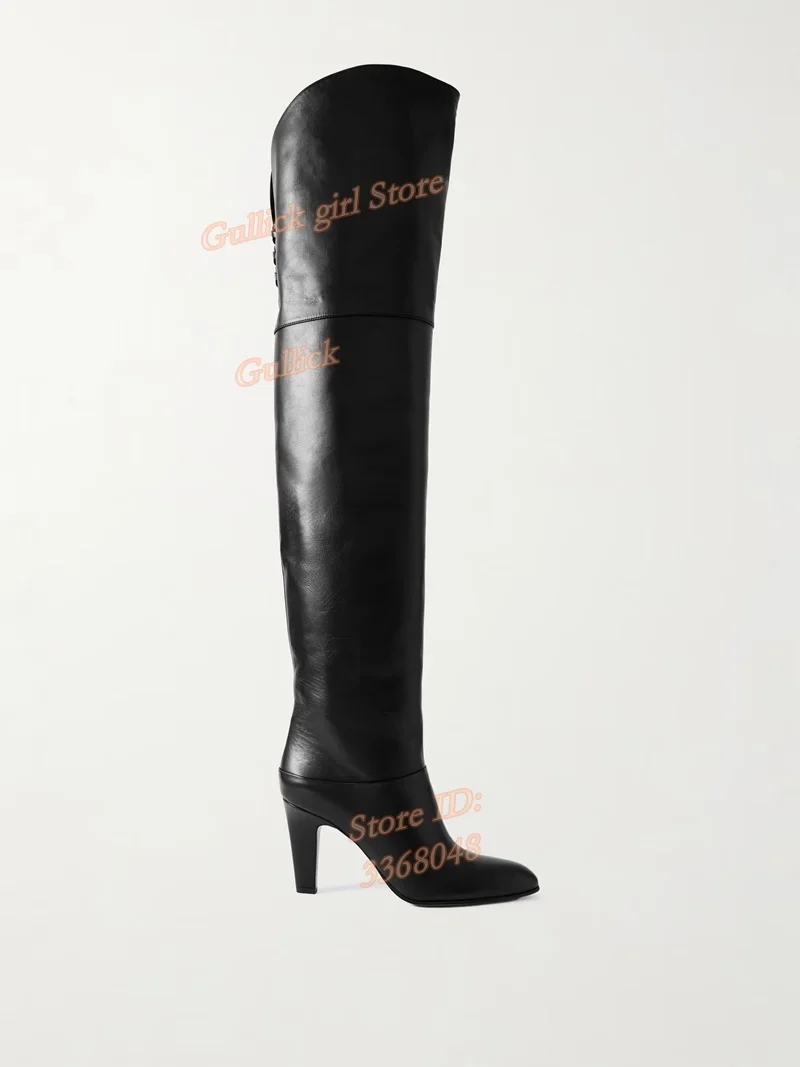 Black Matte Leather Over The Knee Boots Almond Toe Block High Heel Lace Up Handmade Winter Autumn Women Dress Shoes Hot Sale