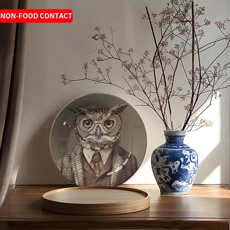1pc Owl in Suit Ceramic Decorative Plate - Art Deco Style with Glasses & Tie Design, Circular Non-Food Contact Home Decor for