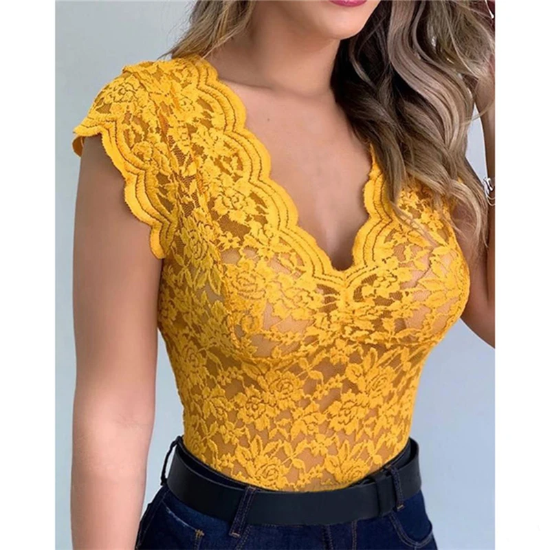 New Women Slim Tunic Lace V Neck T-shirt 2023 Sexy Elegant Summer Short Sleeve T Shirt Lace FlowerTops T-shirts