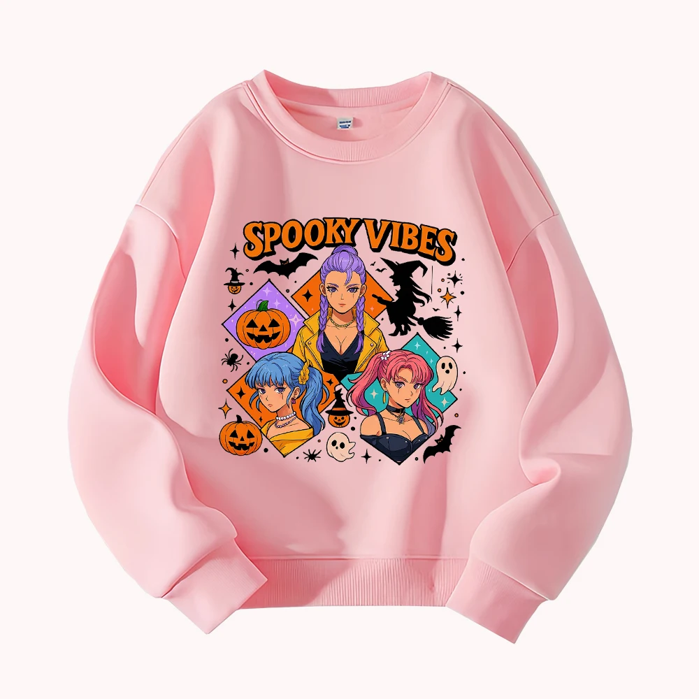

Spooky Vibes Halloween Anime Girls Graphic Sweatshirt Women's Casual Round Neck Long Sleeve Pullover Top