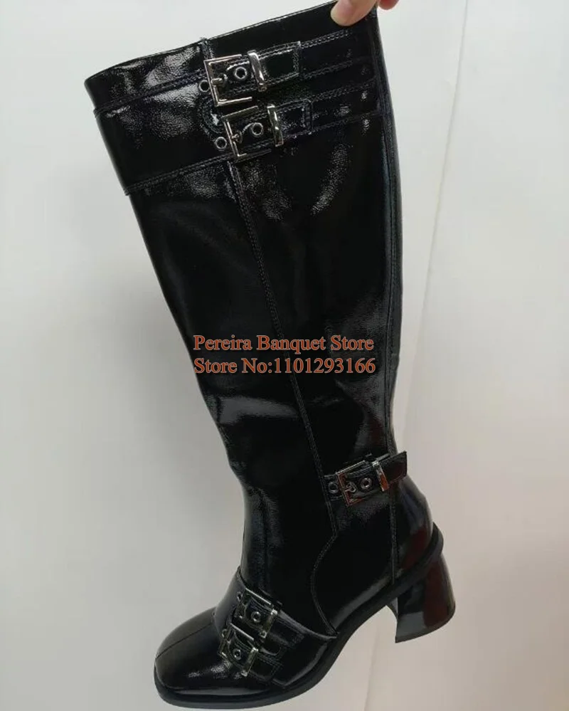 Woman Chunky Heel Belt Buckle Boots Black Leather Round Toe Zipper Block Heels Winter Boots