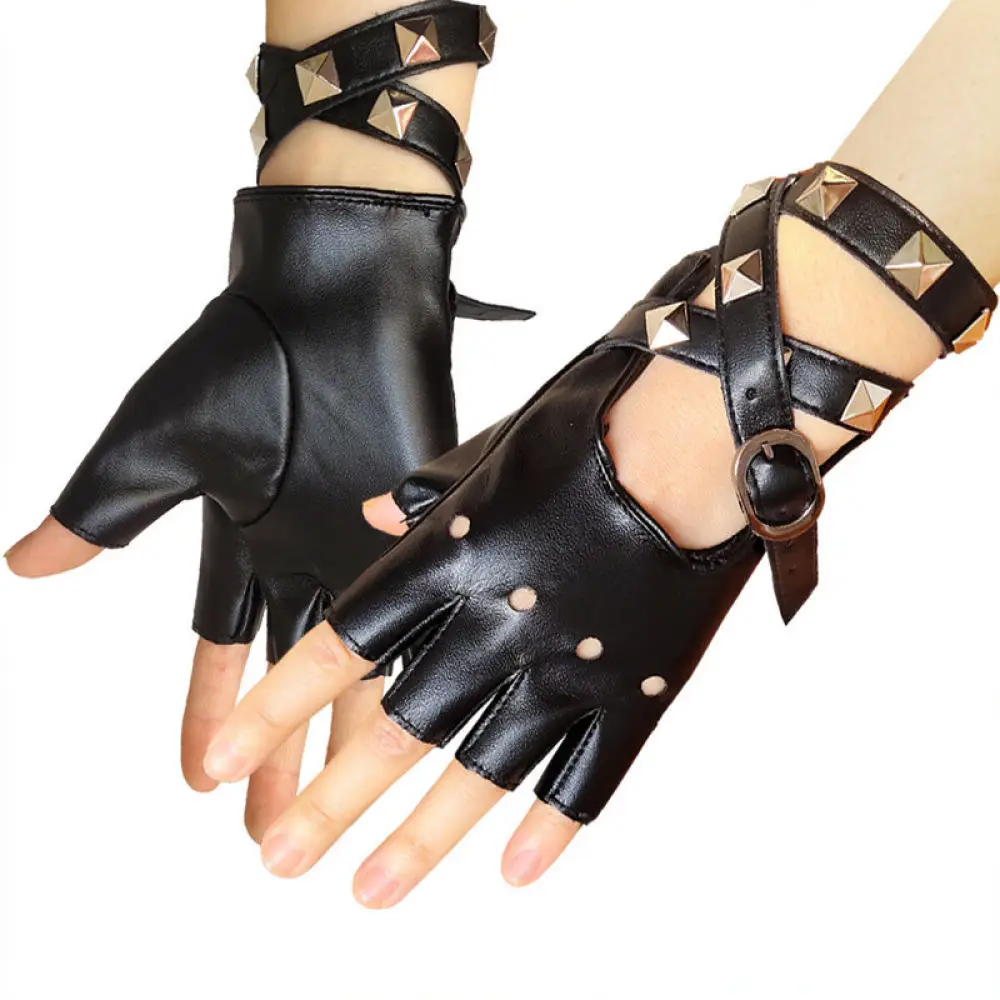 Gothic Style Rivet Gloves Faux Leather Hollow Out Bandage Mittens For Unisex Stage Performance Dance Hip Hop Party Wear